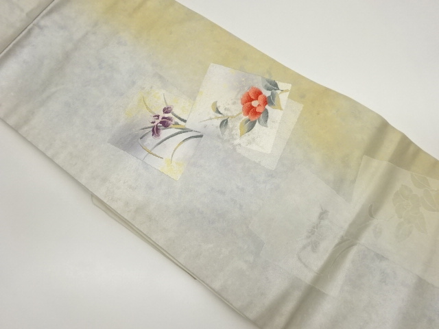 引箔色紙に椿・菖蒲模様織出し名古屋帯
